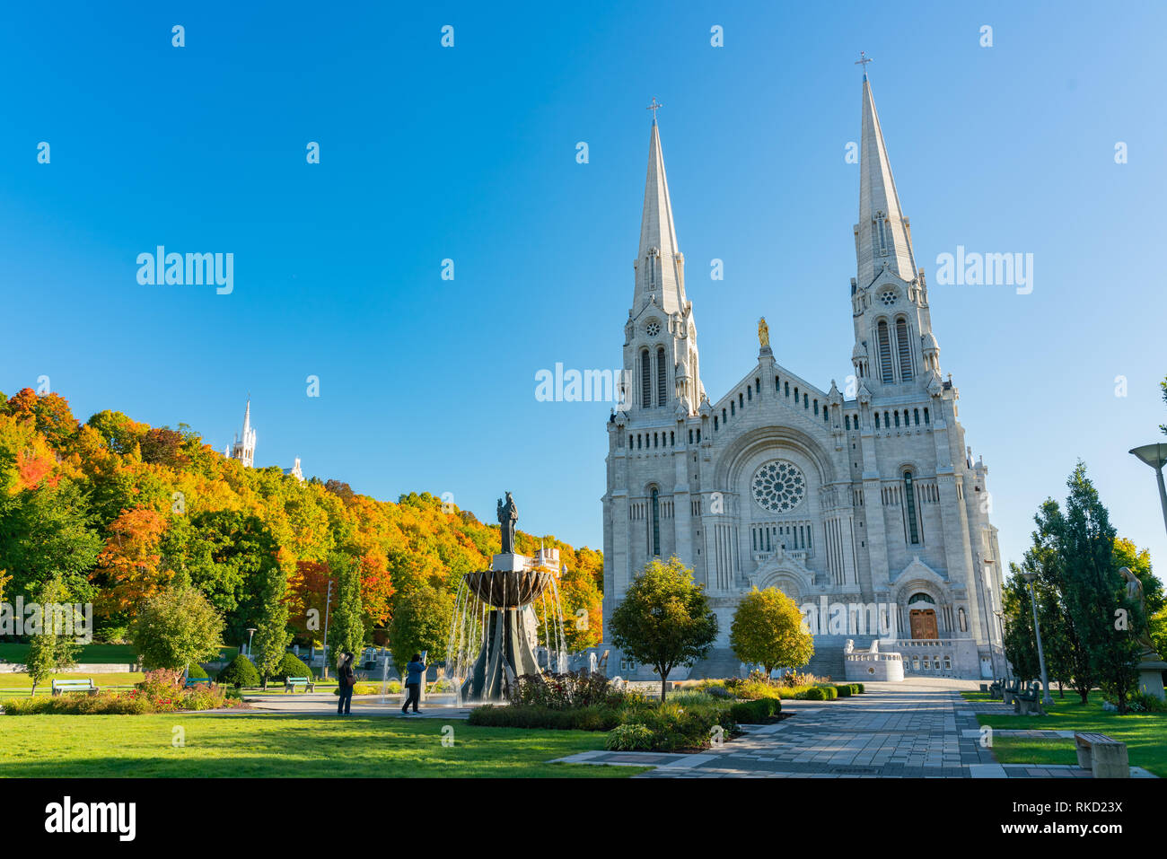 Exterior morning view of the Basilica of Sainte-Anne-de-Beaupre church at Quebec, Canada Stock Photo