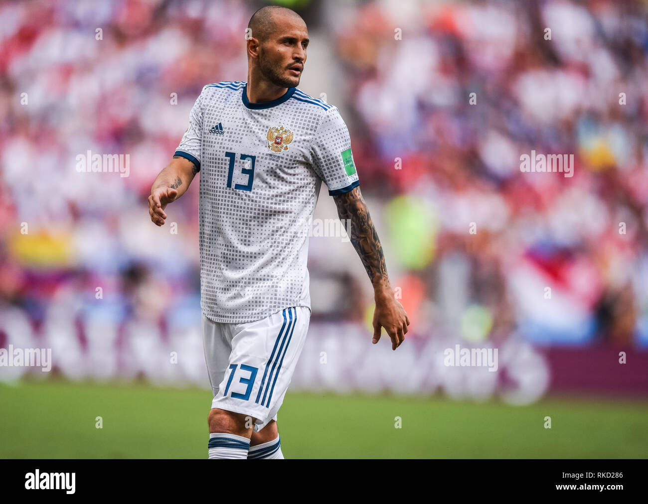 Moscow, Russia - July 1, 2018. Russia national football team defender Fedor Kudryashov during FIFA World Cup 2018 Round of 16 match Spain vs Russia. Stock Photo