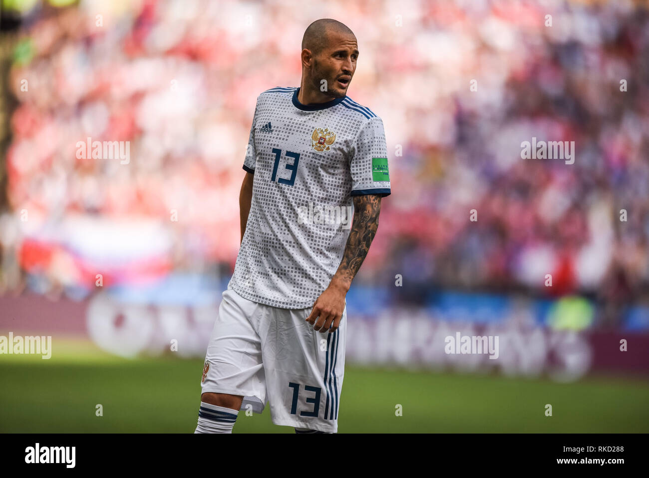 Moscow, Russia - July 1, 2018. Russia national football team defender Fedor Kudryashov during FIFA World Cup 2018 Round of 16 match Spain vs Russia. Stock Photo