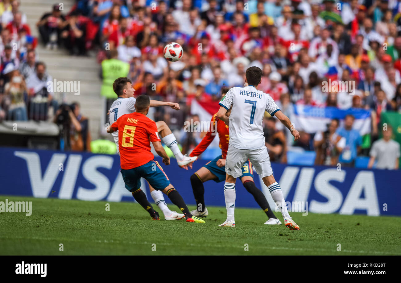 Moscow, Russia - July 1, 2018. Spain national football team players Gerard Pique and Koke  against Russia players Daler Kuziaev and Alexander Golovin  Stock Photo