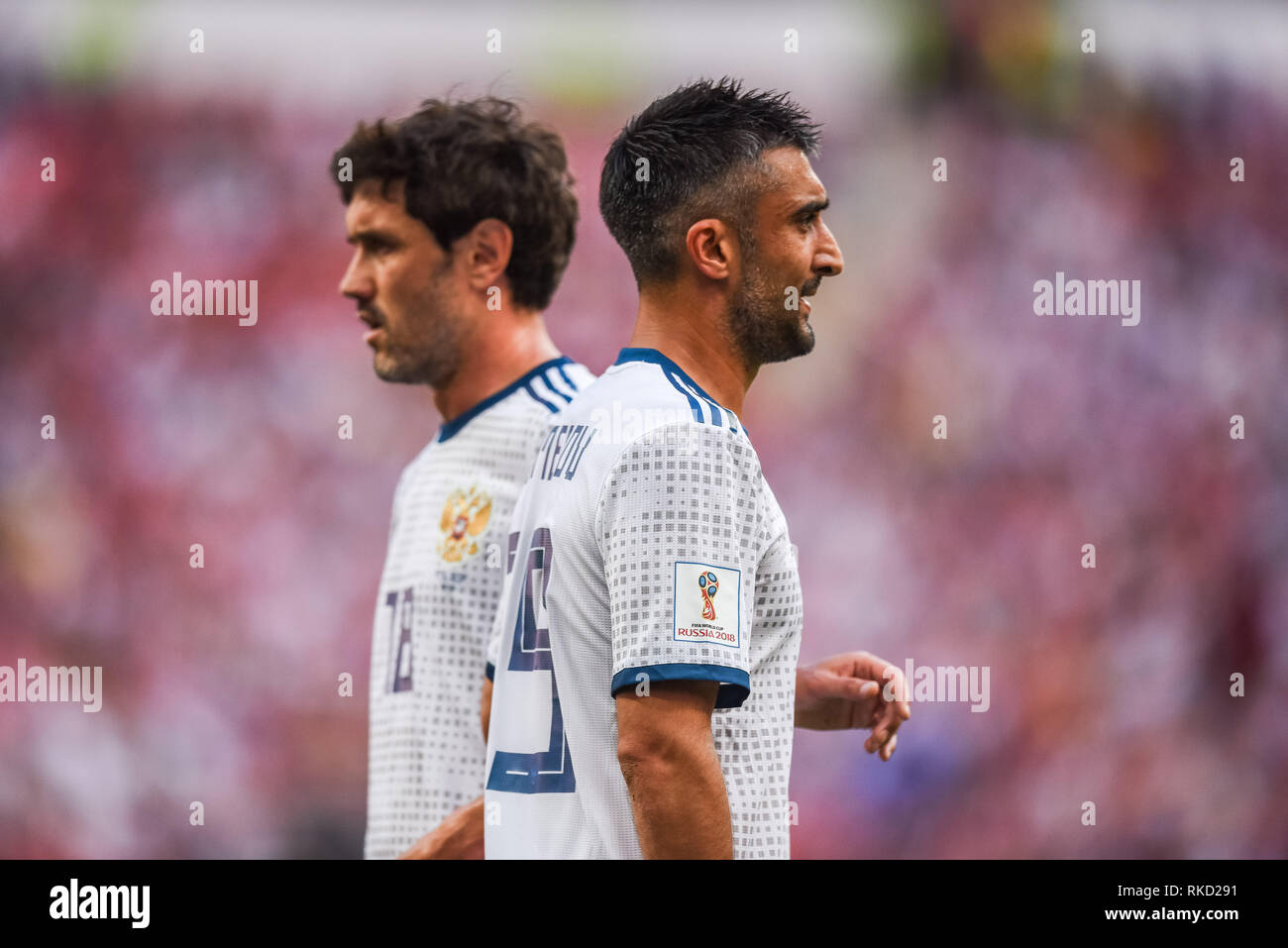 Moscow, Russia - July 1, 2018. Russia national football team midfielders Alexander Samedov and Yuri Zhirkov before FIFA World Cup 2018 Round of 16 mat Stock Photo