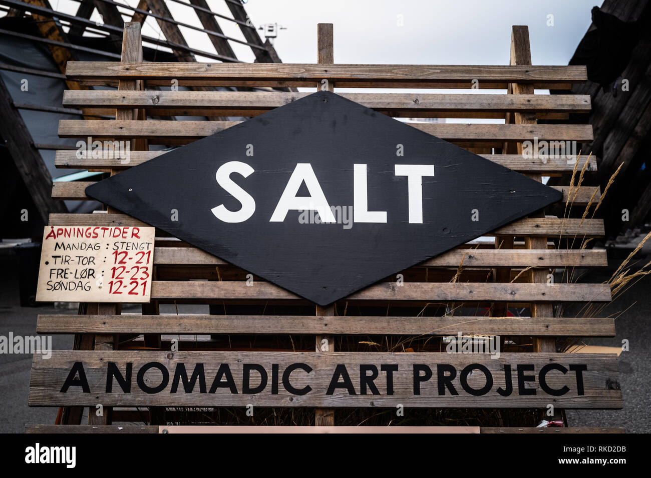 Special outdoor art project in Oslo called The Nomadic art project where 1000s of shirts hang outside on gigantic wooden poles at the Salt venue. Stock Photo