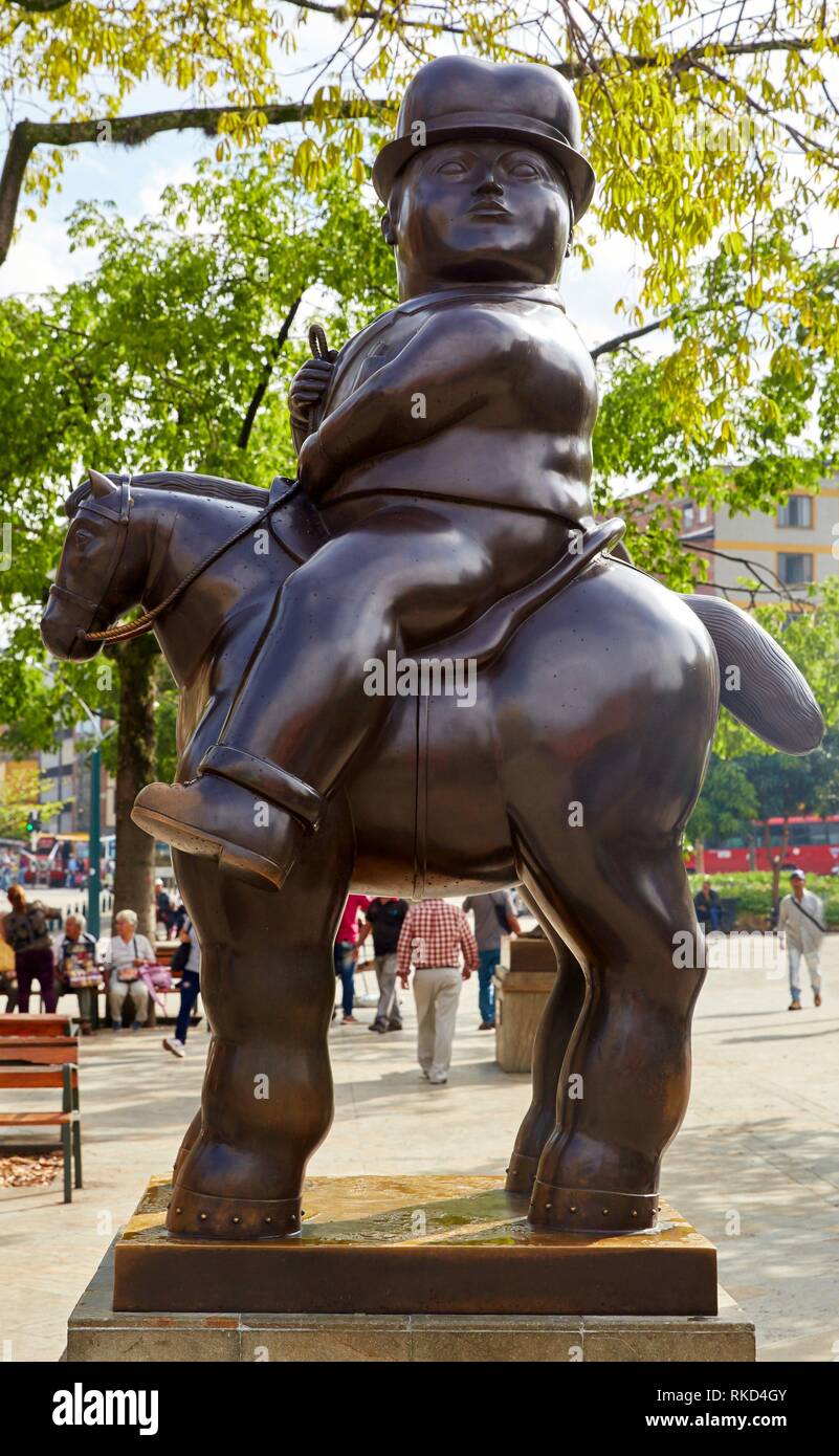 '''Hombre a caballo'', 1994, Sculpture by Fernando Botero, Plaza Fernando Botero, Medellin, Antioquia, Colombia, South America Stock Photo
