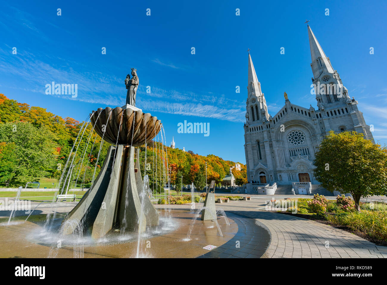 Exterior morning view of the Basilica of SainteAnnedeBeaupre church at Quebec, Canada Stock