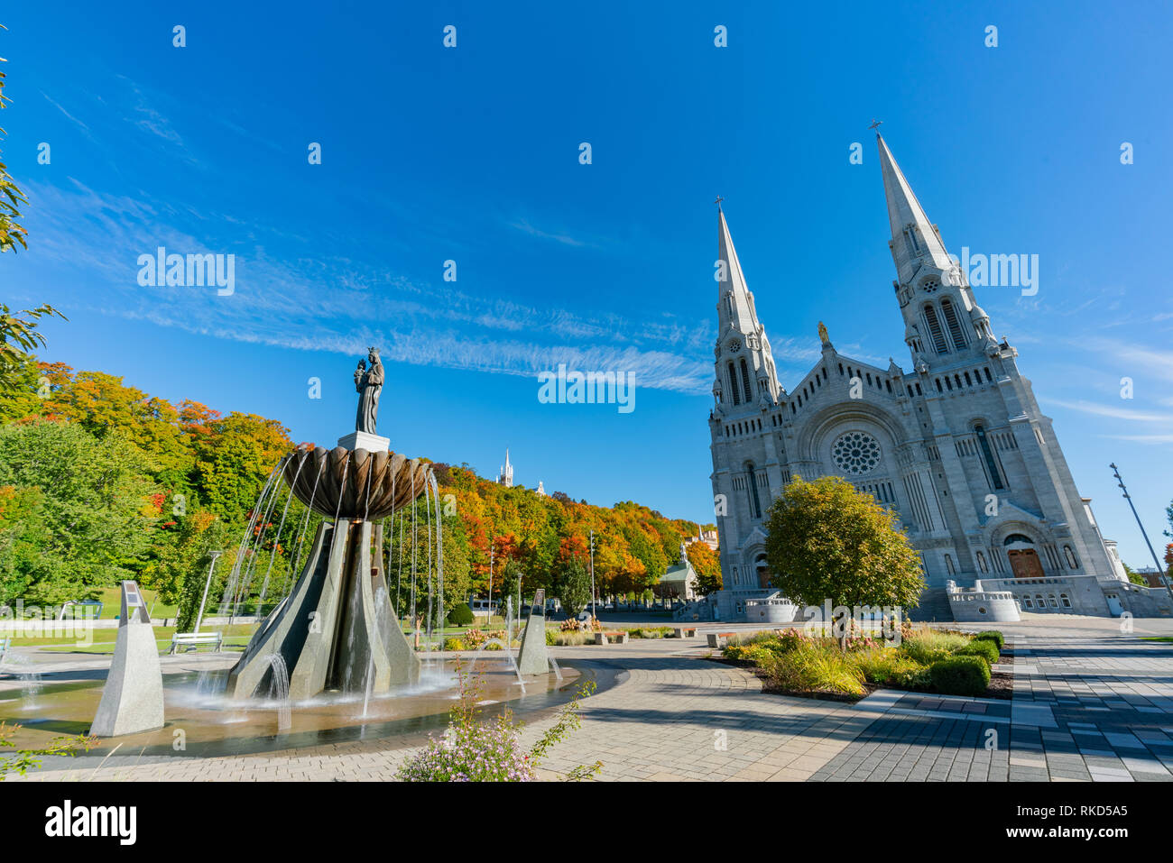 Exterior morning view of the Basilica of SainteAnnedeBeaupre church at Quebec, Canada Stock