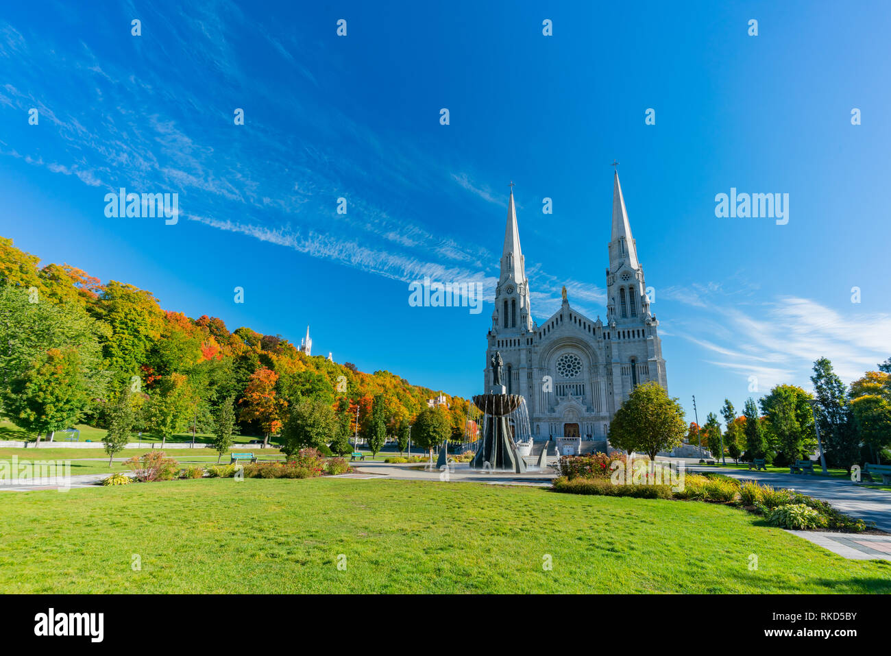 Exterior morning view of the Basilica of SainteAnnedeBeaupre church at Quebec, Canada Stock