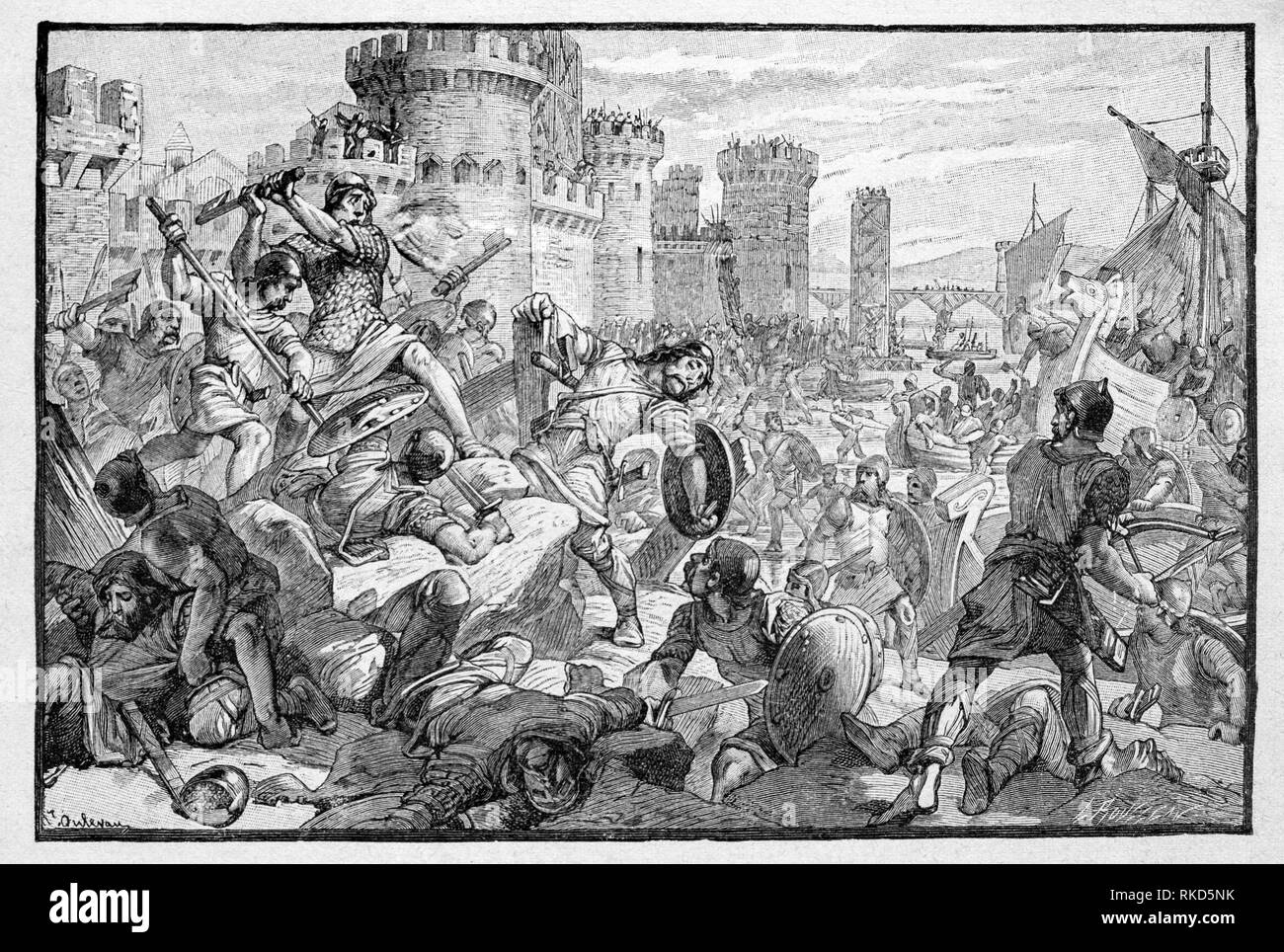 France. Inhabitants of Paris defending against the Normans. The Normans (Norman: Normaunds; French: Normands; Latin: Normanni) were the people who, Stock Photo
