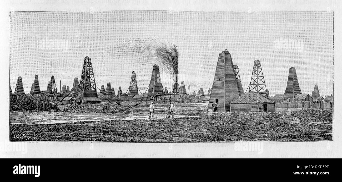 Oil field at Balakhani area, near Baku. (Drawing 1890). Stock Photo