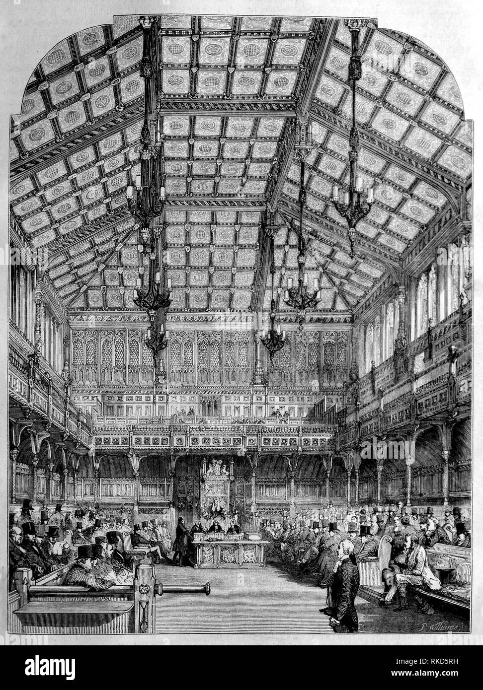 UK. House of Commons of the United Kingdom (drawing by Gilbert, 1853). The House of Commons is the lower house of the Parliament of the United Stock Photo