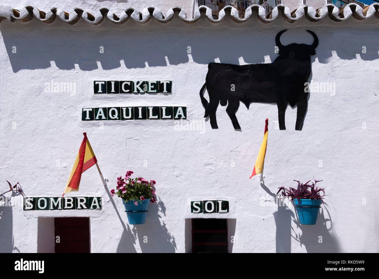 Ticket windows at the bullring. Mijas white town. Malaga province, Andalusia, Spain Stock Photo