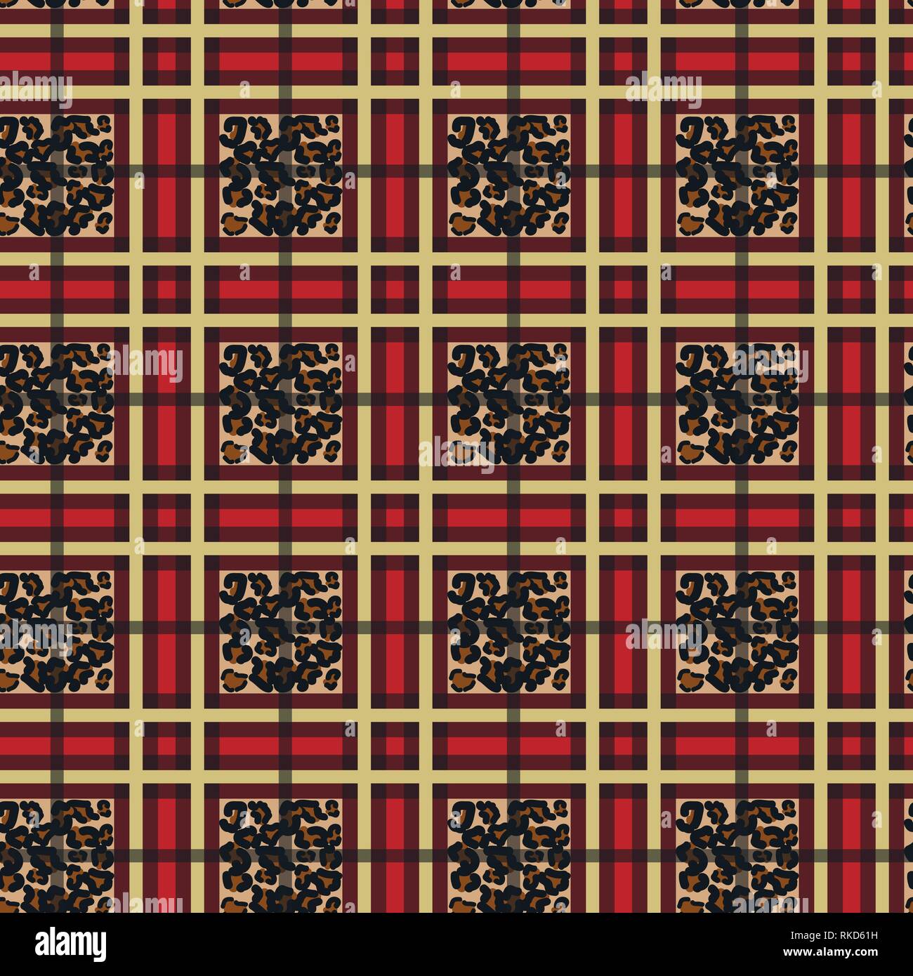 Scottish red tartan grunge seamless pattern with leopard spots eps 10 Stock Vector