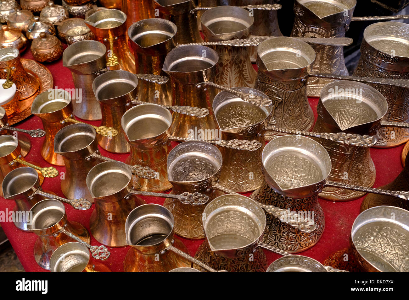 Dzezva (Bosnian coffee pots) on display at the Bascarsija bazaar in Sarajevo, Bosnia and Herzegovina. Stock Photo