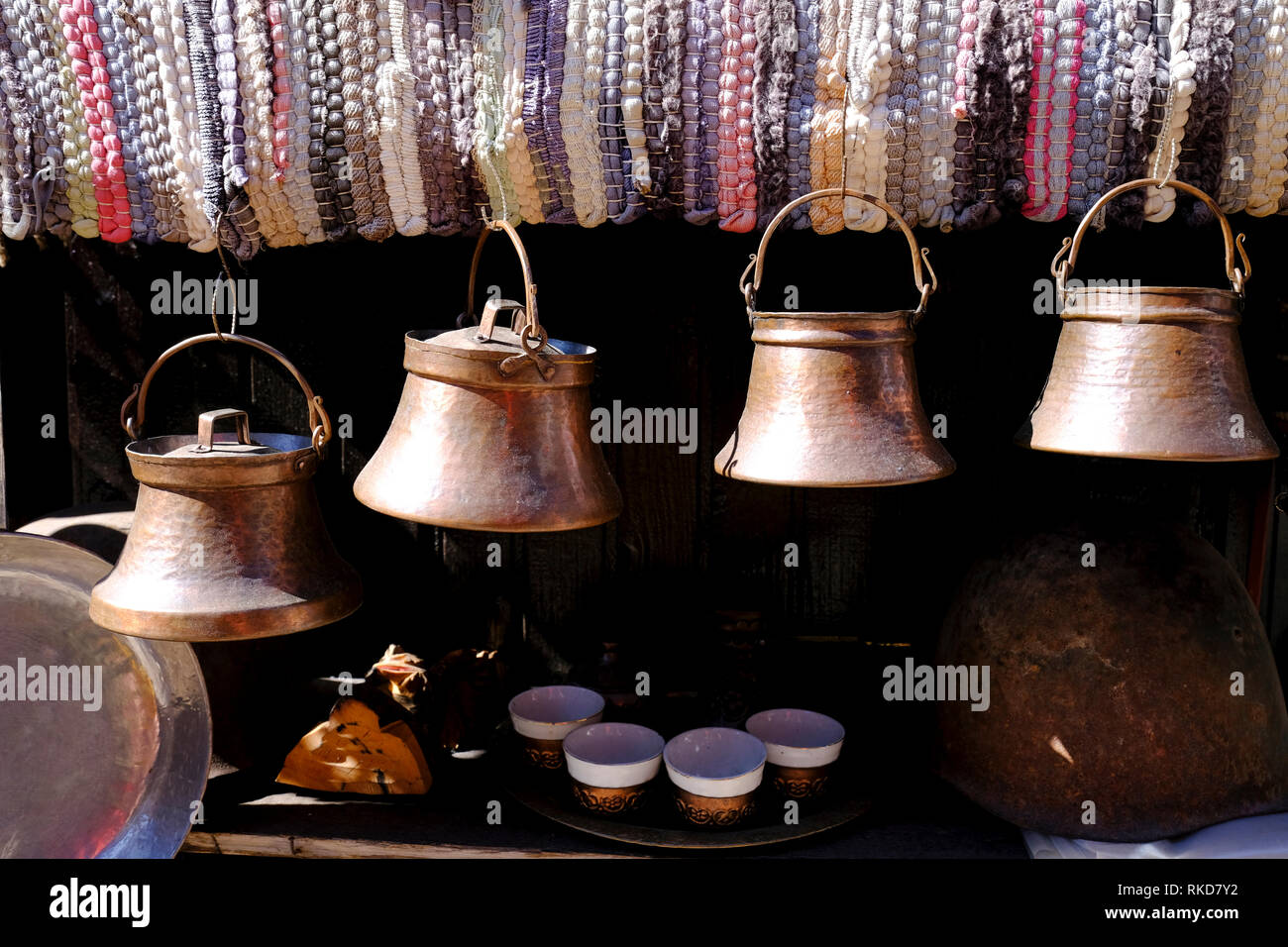 Copper brass tureens on display at the Bascarsija bazaar in Sarajevo, Bosnia and Herzegovina. Stock Photo