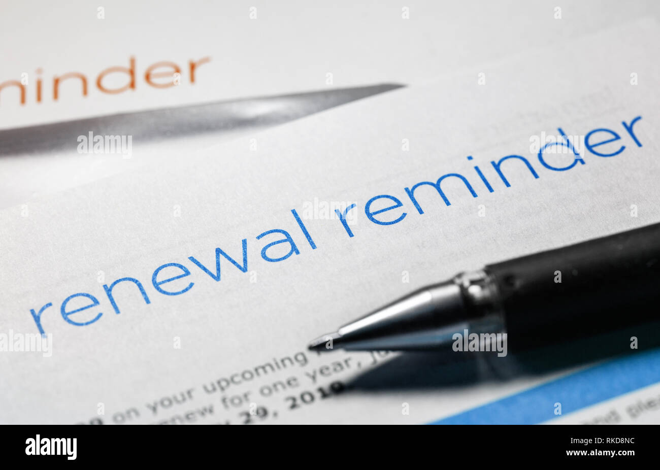 renewal reminder business letter and a pen Stock Photo Alamy