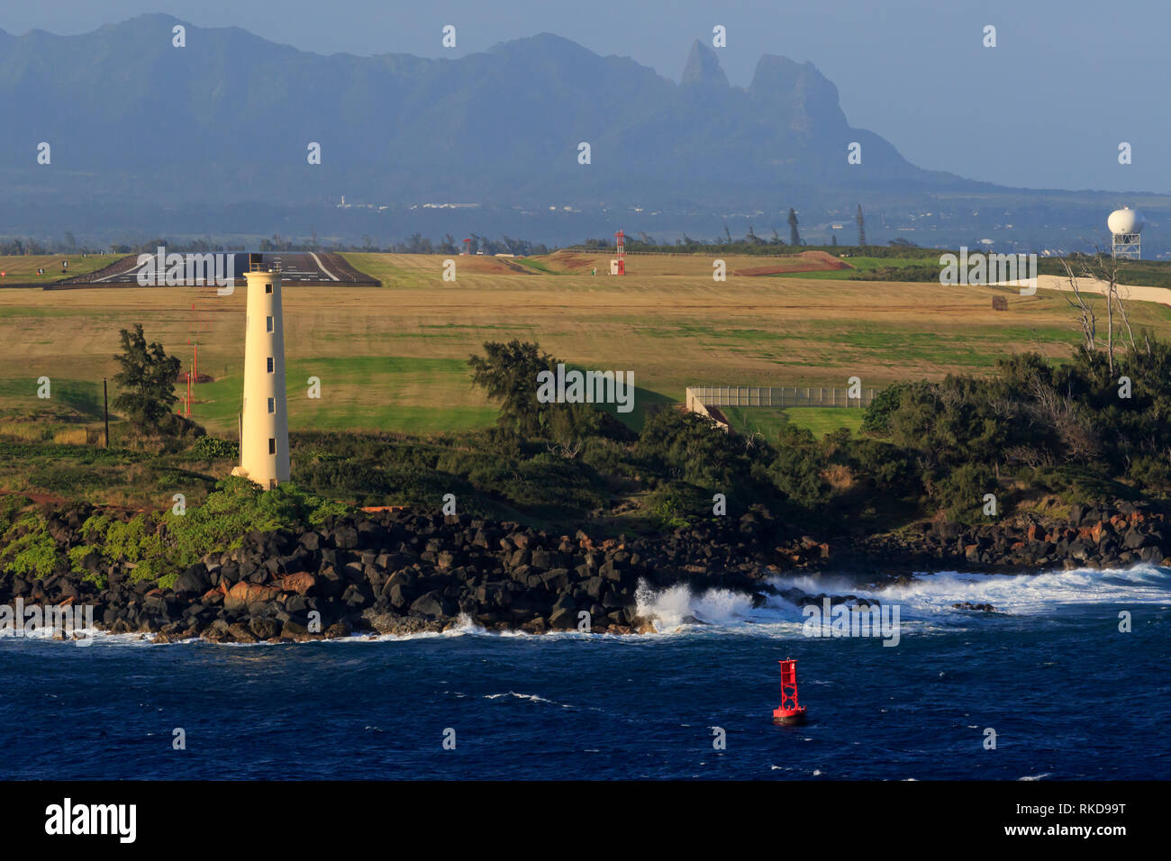 Ninini Point Lighthouse & Lihue Airport, Kauai Island, Hawai'i, USA Stock Photo