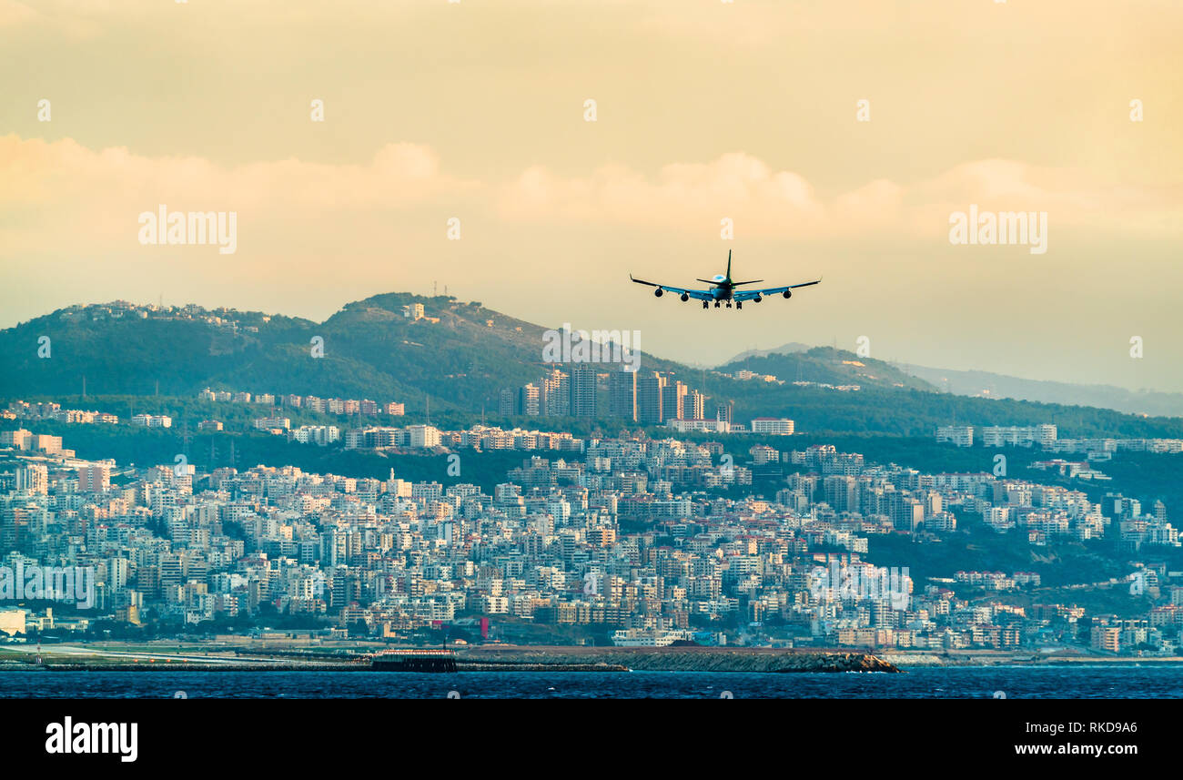 Airplane on final approach to Beirut International Airport, Lebanon Stock Photo