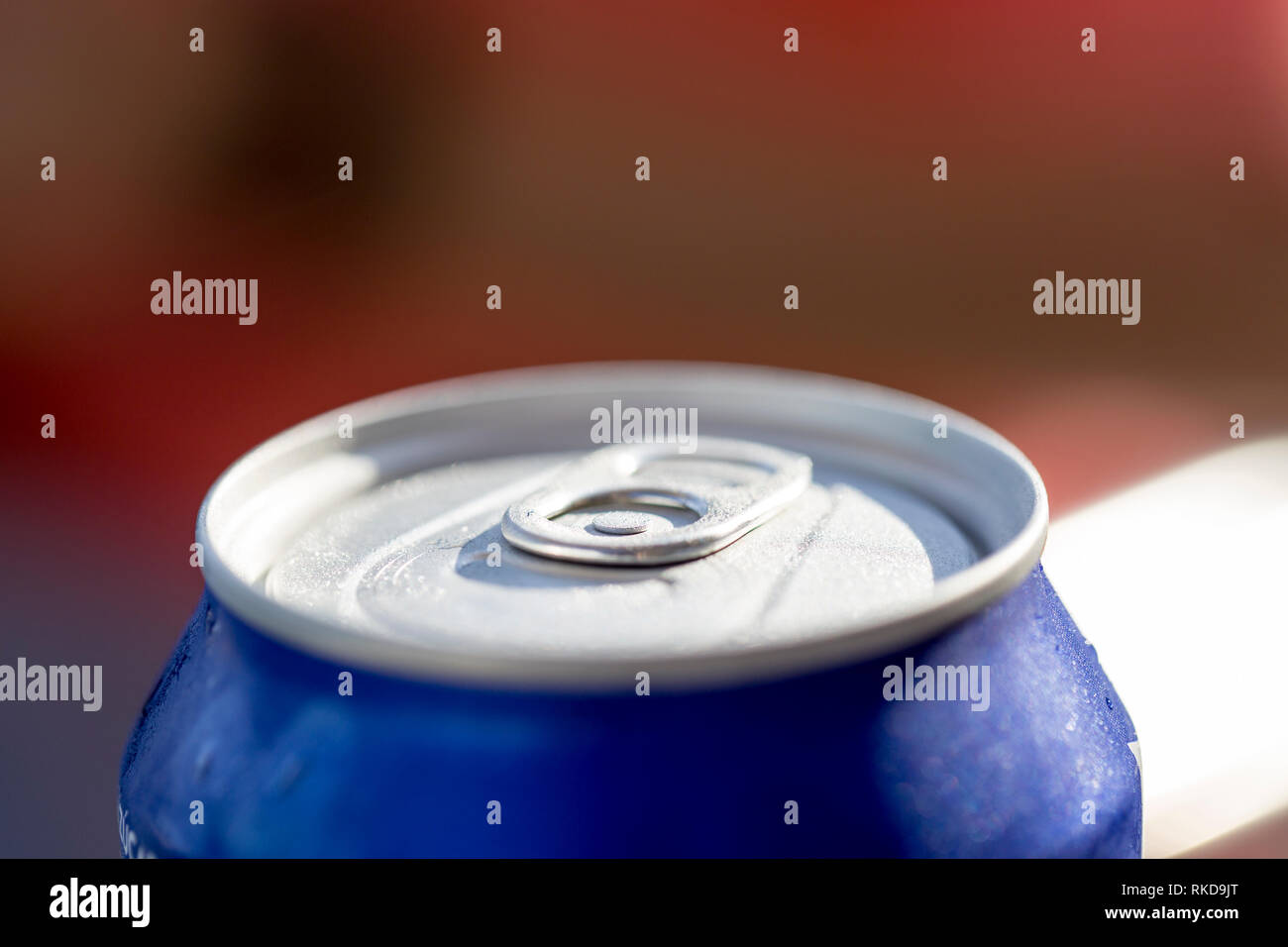 Close-up view of the top of a can drink with condensation. Stock Photo