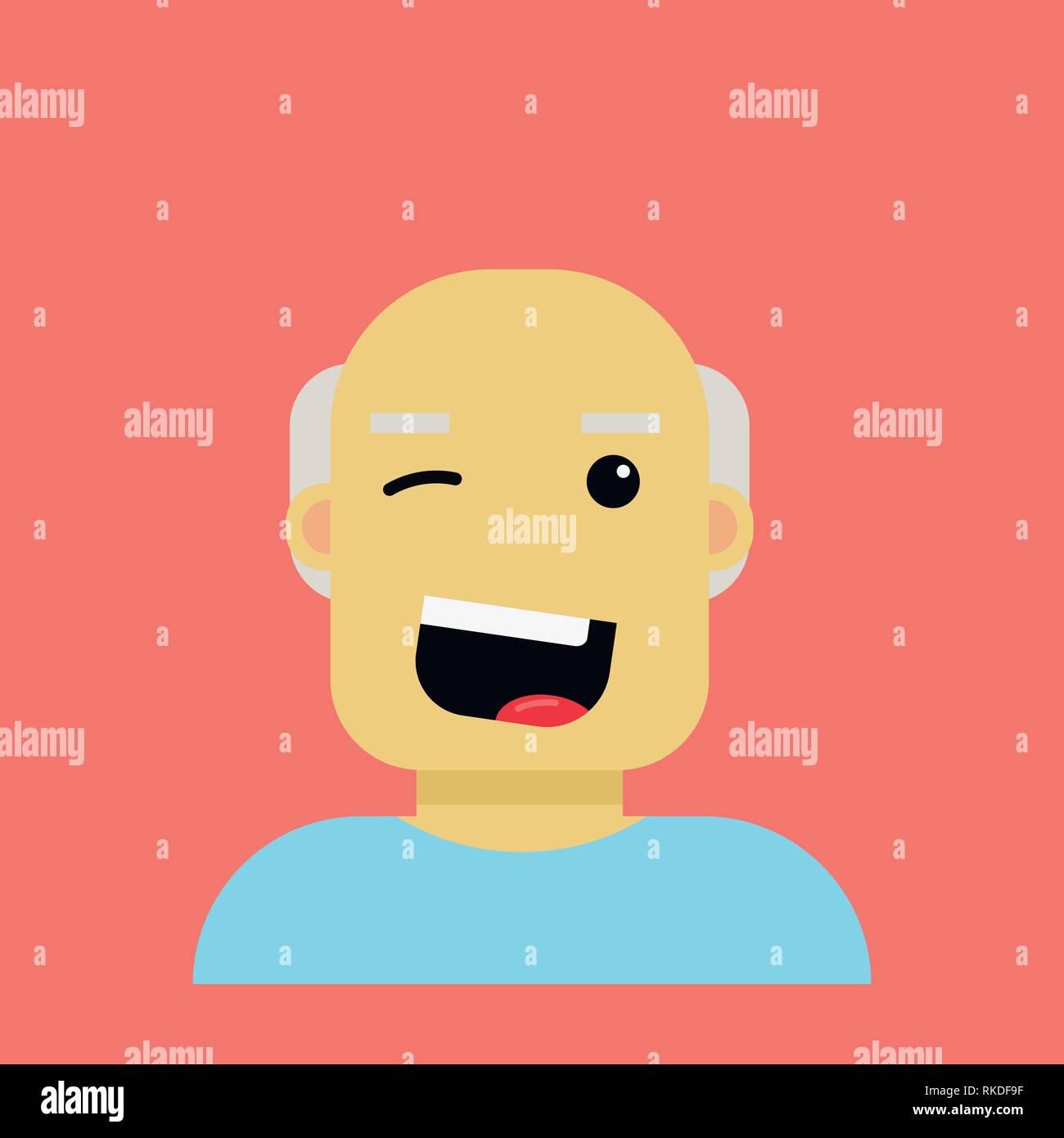 Old happy winking man in cartoon style. Modern vector illustration isolated on living coral color. Stock Vector