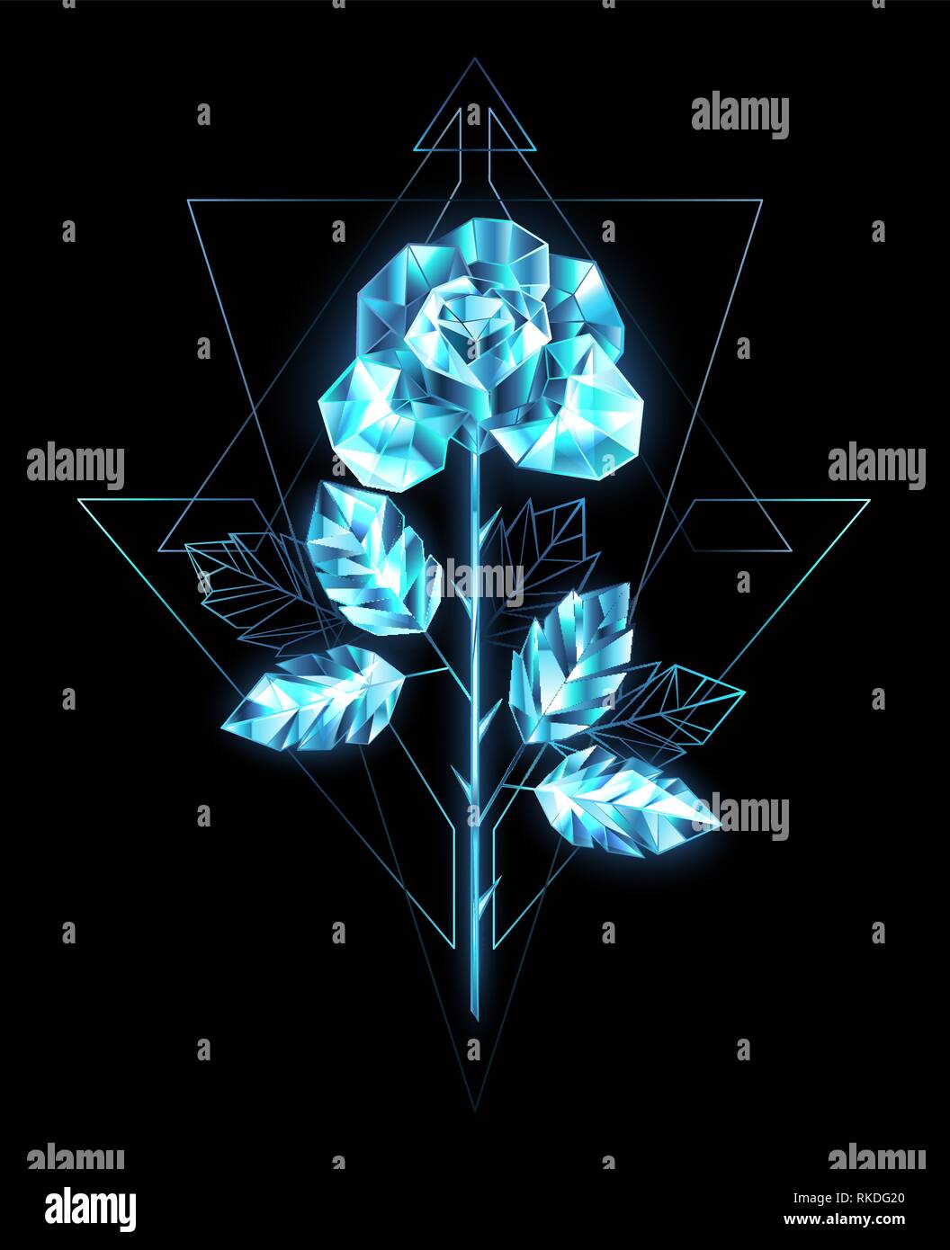 Polygonal, sparkling, crystalline rose with straight stem of blue, transparent ice on black background. Stock Vector