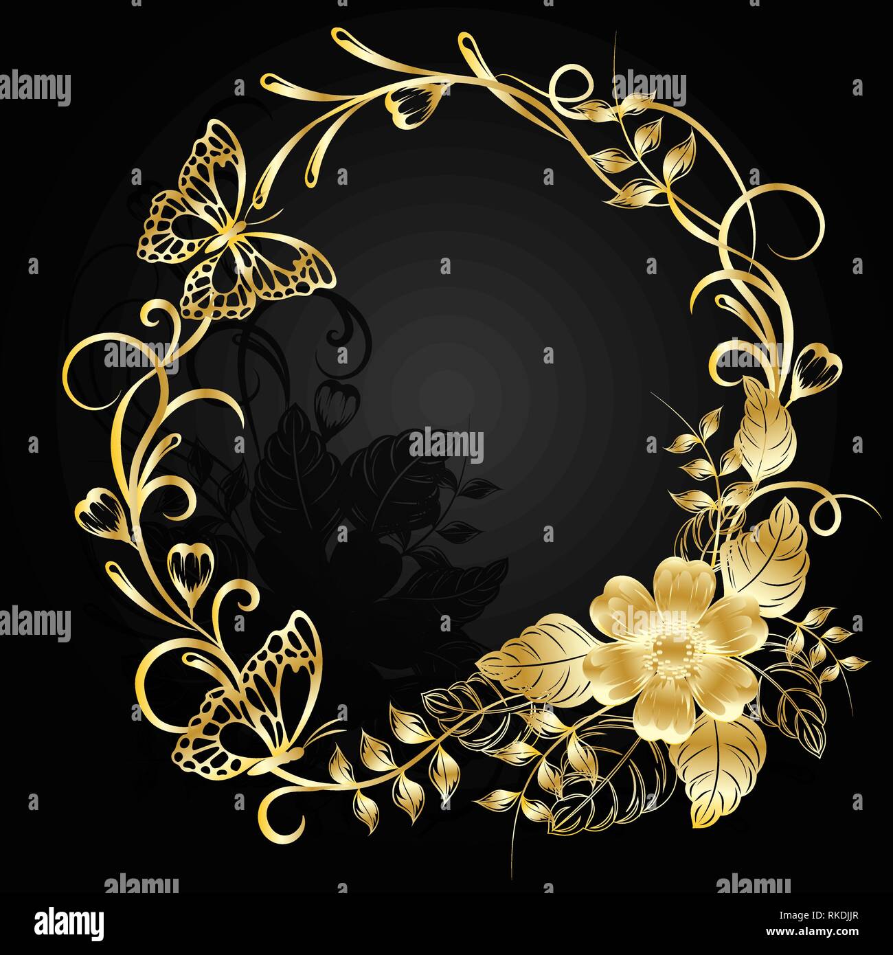 Gold flowers with shadow on dark background. Stock Vector