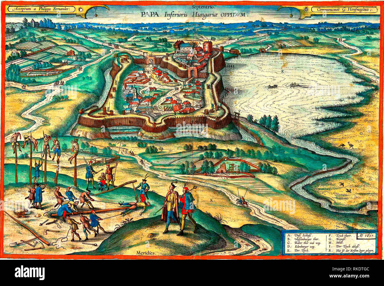Engraving of the Pápa castle by Georgius Houfnaglius from 1617, in the foreground probably depicting the execution of the mutinous Walloon mercenaries in 1600 Stock Photo