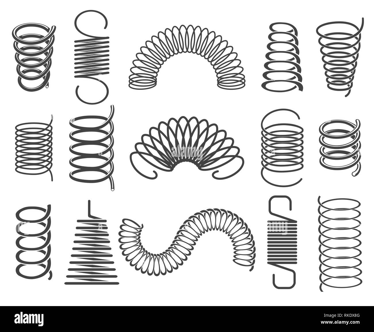 Metal springs. Vector metallic spiral and coil spring icons, compacted steel springs silhouette symbols isolated on white background Stock Vector