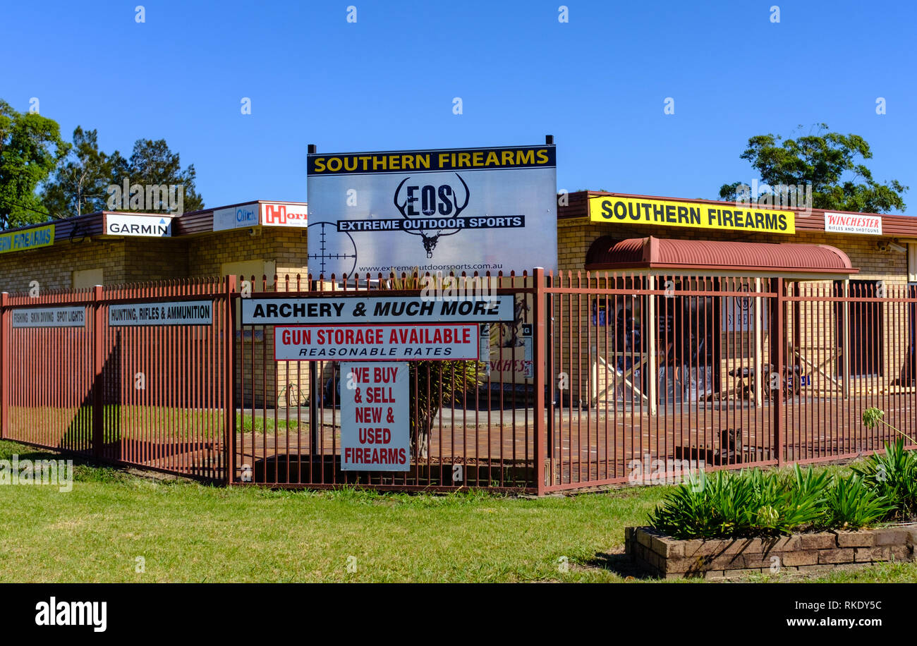 Gun shop and outdoor sports equipment shop, commercial gun sales and storage, Australia has strict gun control and gun licencing, NSW Australia Stock Photo