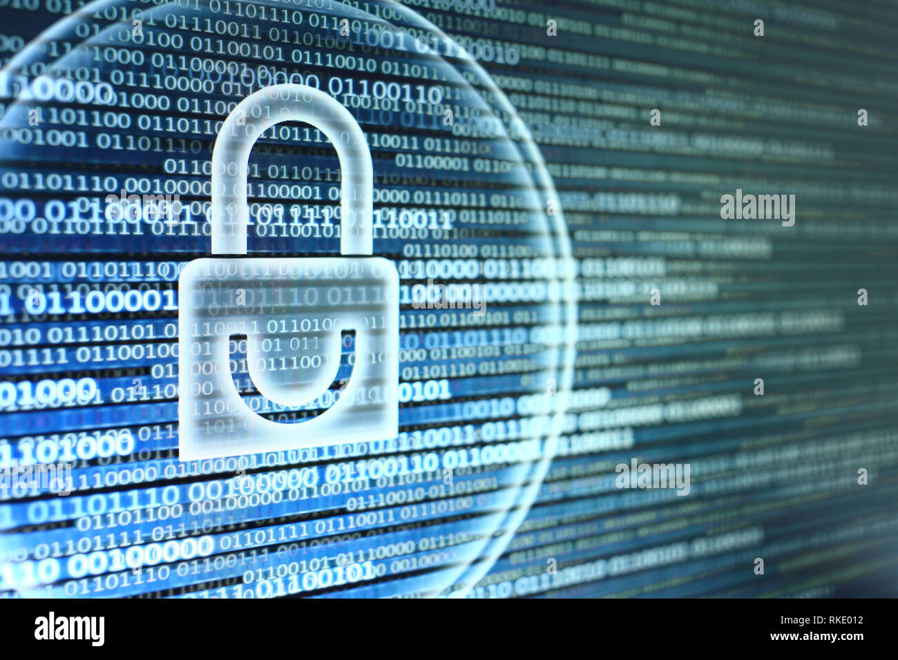 padlock icon on LED computer display screen with binary code moving in the background. password and data privacy protection in internet data transfer  Stock Photo