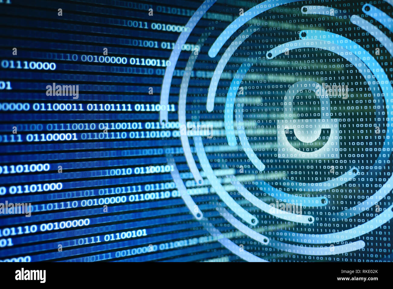 padlock icon on LED computer display screen with binary code moving in the background. password and data privacy protection in internet data transfer  Stock Photo