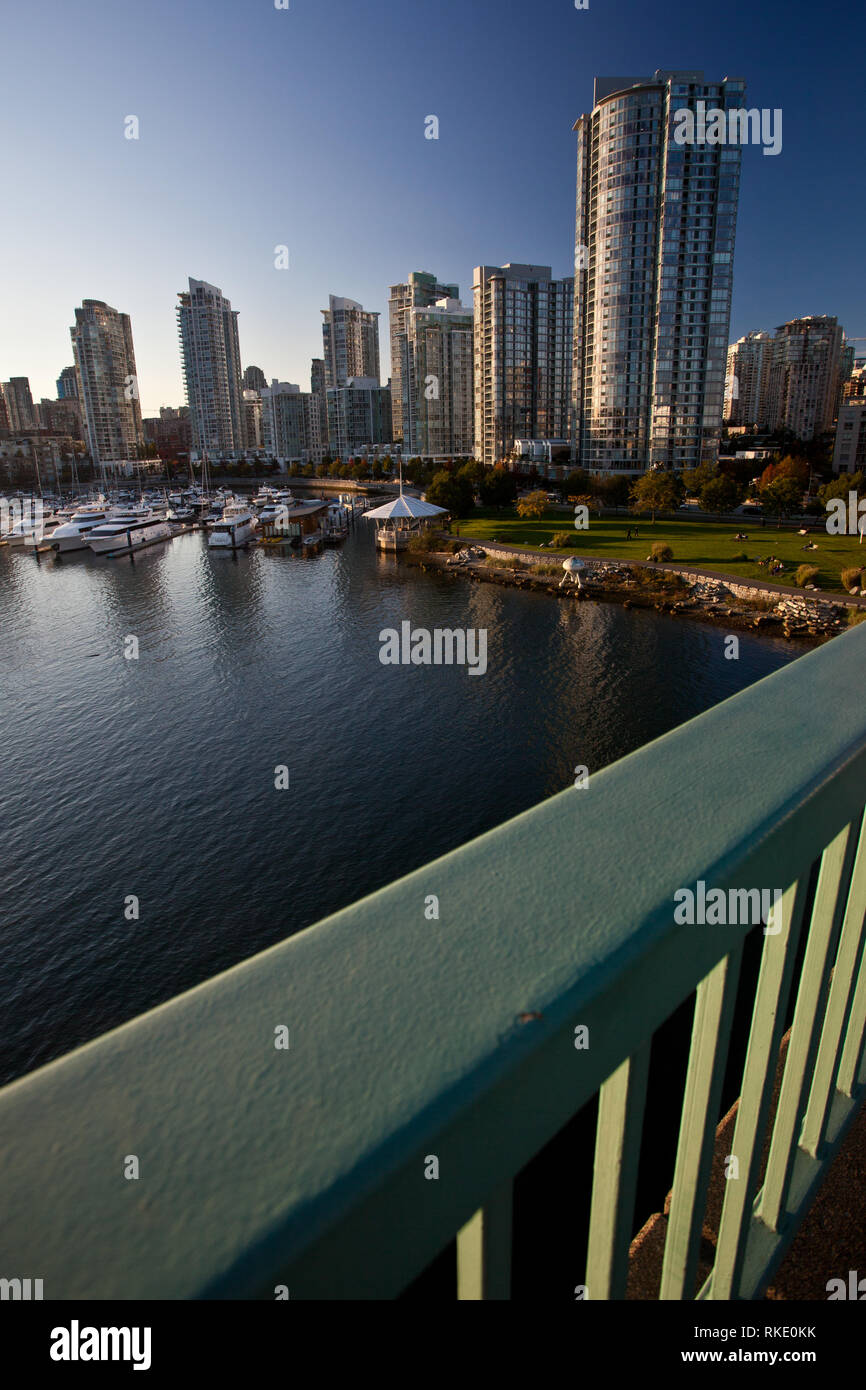 Yaletown skyline from the Cambie Street Bridge over False Creek on a Sunny Day with Deep Blue Skies in Vancouver, British Columbia, Canada Stock Photo
