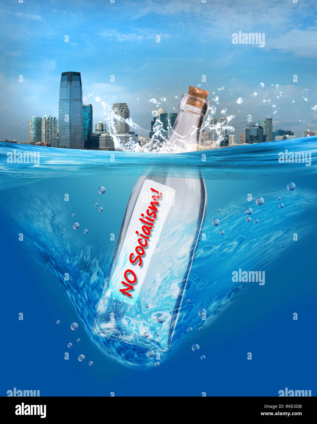 No Socialism in a bottle floating in the water. Stock Photo