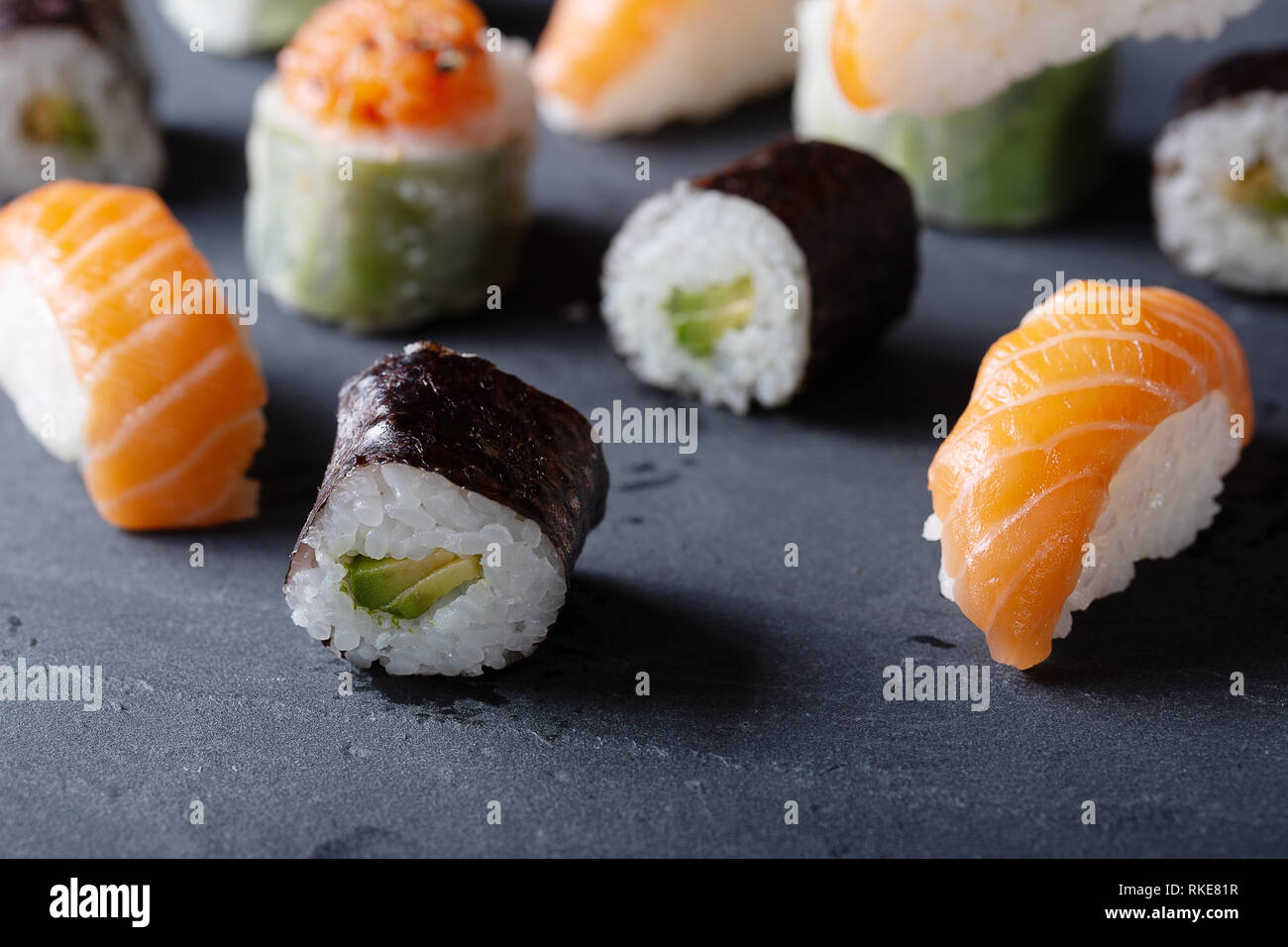 Fresh seafood sushi meal on darck background Stock Photo