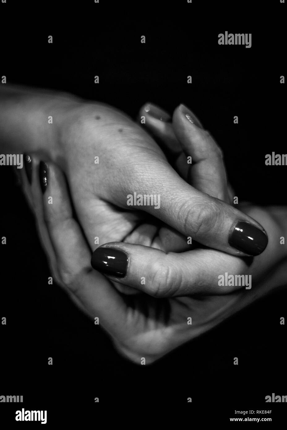 Black and white close up image of women hands holding dogether. Togetherness and peacefull Stock Photo