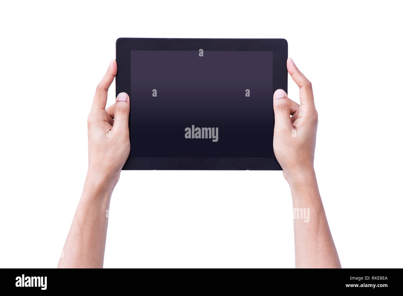 Man hand hold tablet blank screen on isolated background concept using for mockup person showing reality black pad up business, person computer. Stock Photo