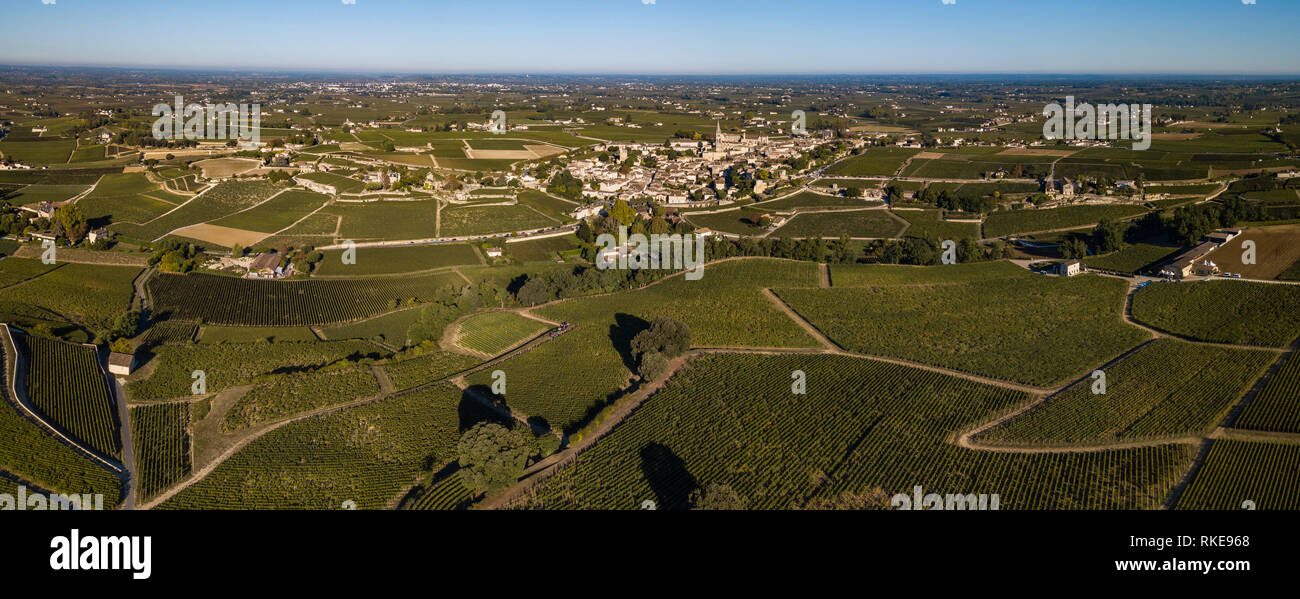 Aerial View Bordeaux vineyards, Saint-Emilion, Aquitaine area of the Gironde department, France, Europe, Stock Photo