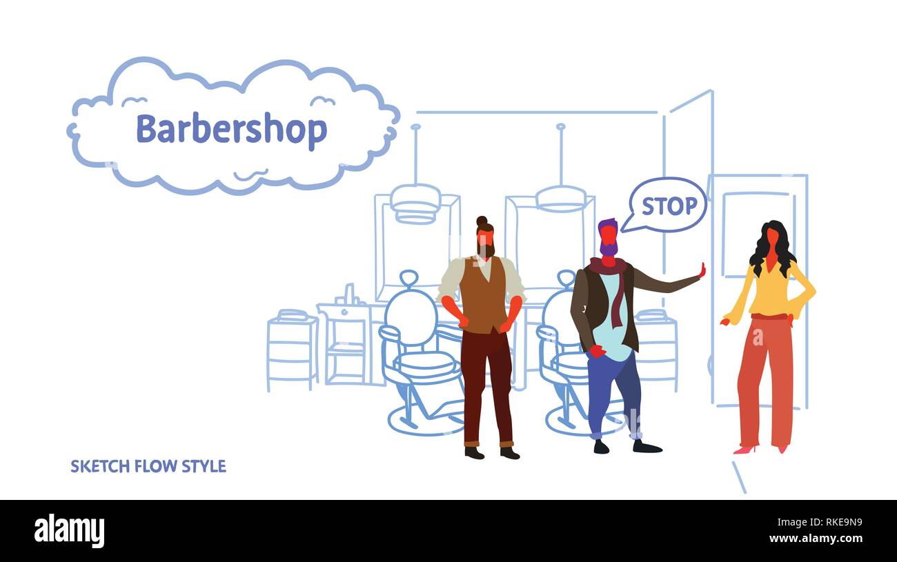 Couple Stylish Barbers Showing Stop Sign To Girl Two Male