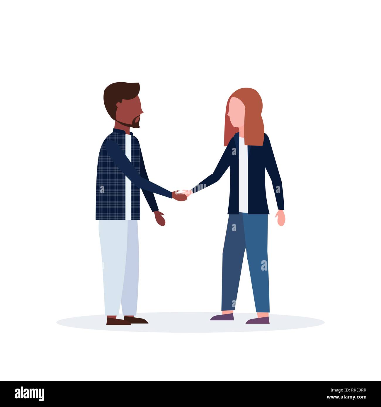 mix race man woman couple handshake casual businesspeople colleagues shaking hands business agreement and partnership concept flat full length Stock Vector