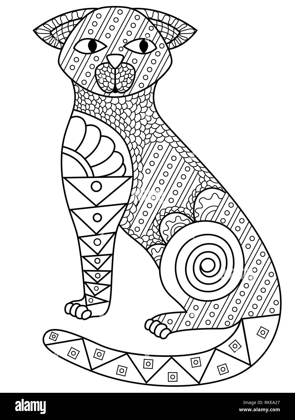 Black cat body contour decorated with zentangle patterns, vector on the white background Stock Vector