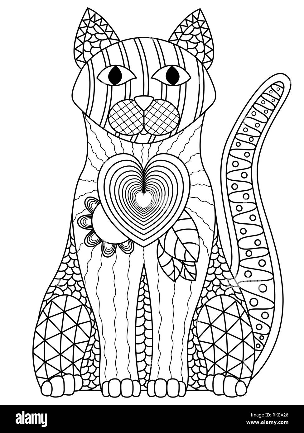Cat body contour decorated with zentangle patterns, isolated black vector on the white background Stock Vector