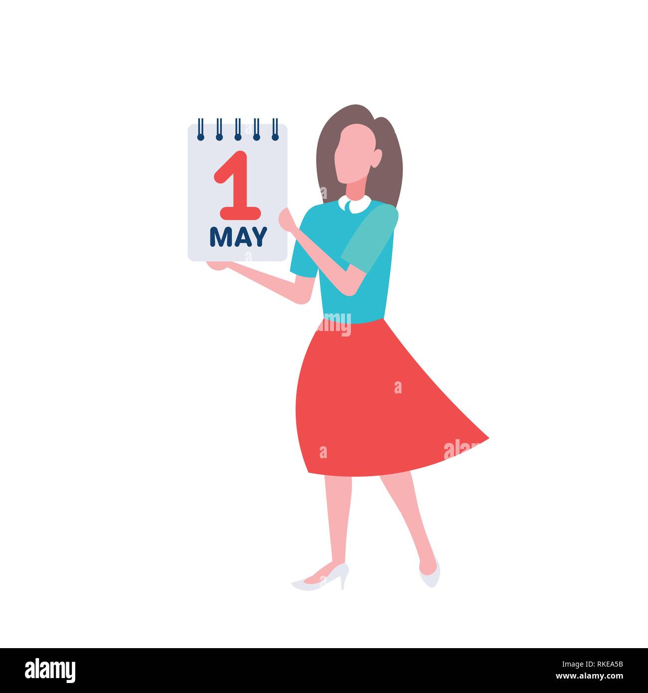 businesswoman holding calendar 1 may date happy labor day concept female manager cartoon character full length flat isolated Stock Vector