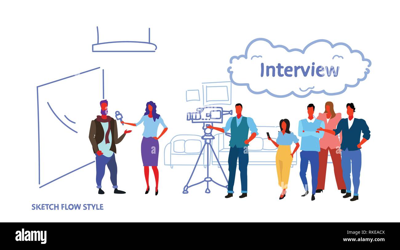 professional camera recording female presenter interviewing in television studio with crew reporter taking interview with man mass media announcement Stock Vector