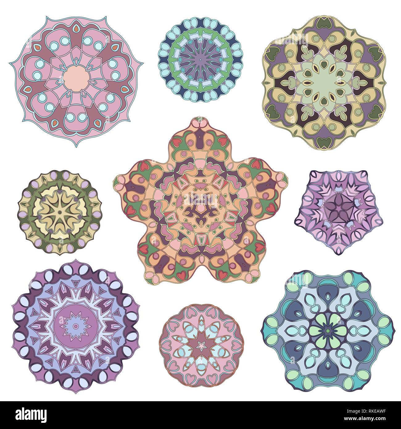 Set of nine abstract circular element. Round colorful mandalas. Graphic ...