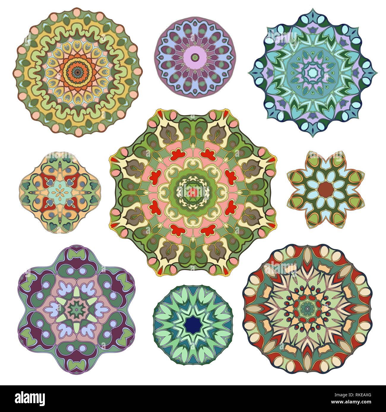 Set of nine abstract circular element. Round colorful mandalas. Graphic ...