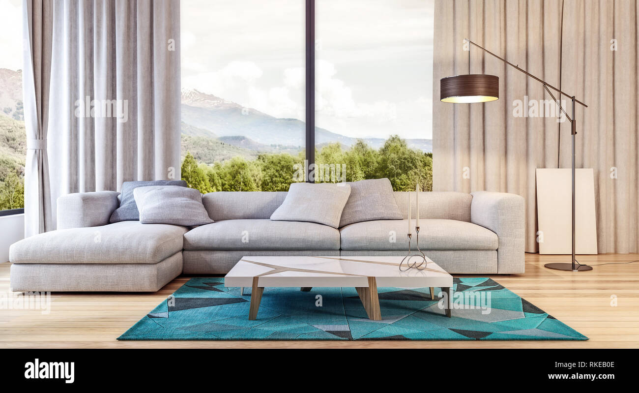 living room modern design interior, apartment on country side, open space  home, forest and mountain in background Stock Photo - Alamy