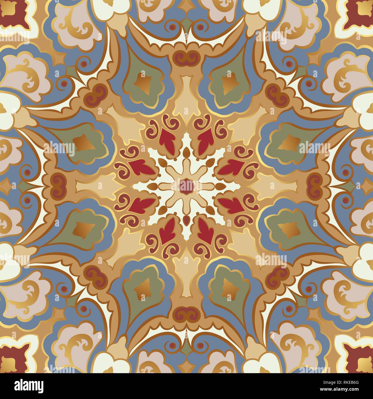 Seamless vector pattern with colored mandalas. Eastern bright ornament with gold outline. Stock Vector