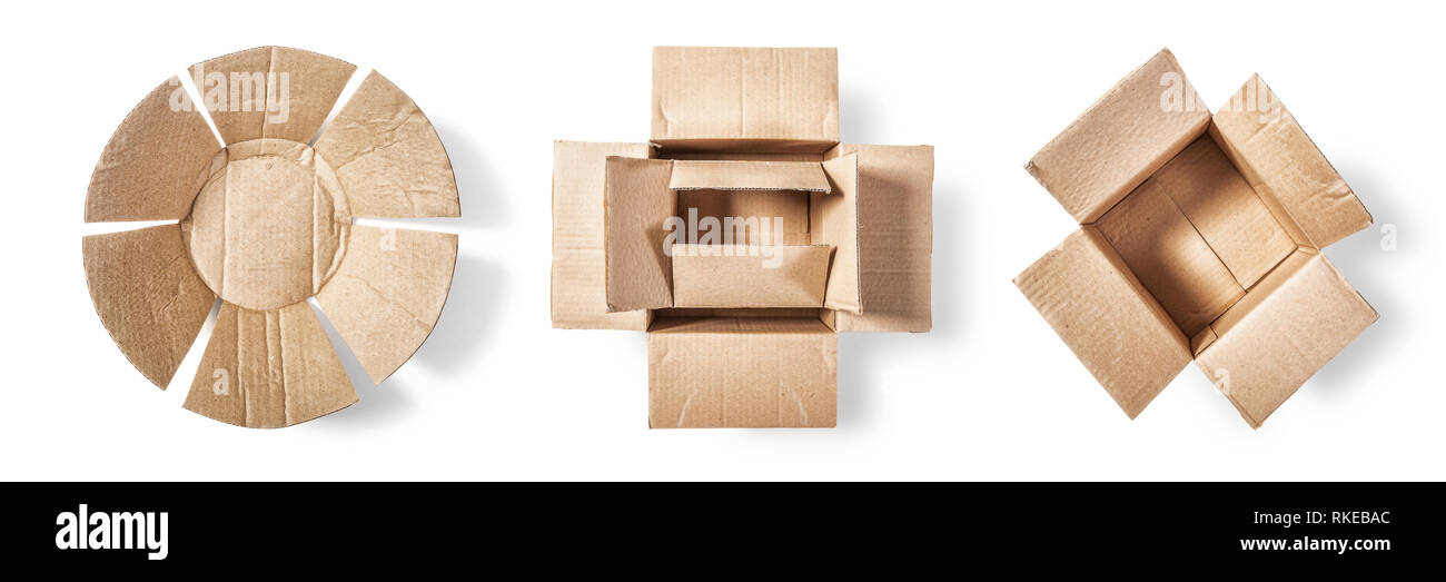 Eco package from recycled paper. Open cardboard box and paper plate. Packaging material collection  isolated on white background. Top view, flat lay.  Stock Photo
