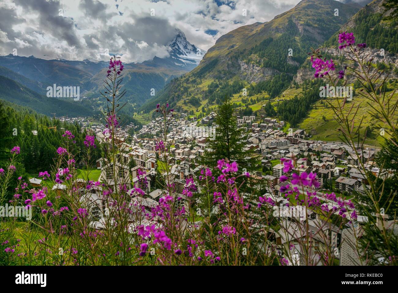 In the background Matterhorn mountain peak or Cervino mountain peak.View of Zermatt. Swiss Alps. Valais. Switzerland. Europe. Stock Photo