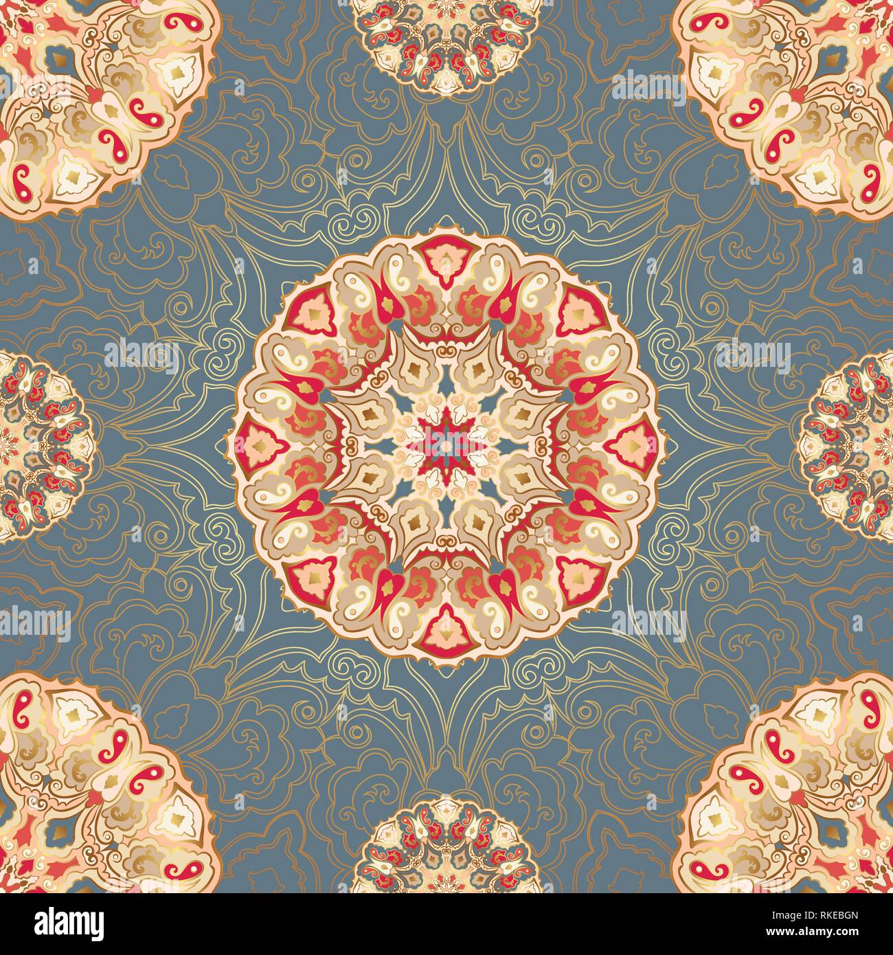 Seamless vector pattern with colored mandalas. Eastern bright ornament with gold outline. Stock Vector