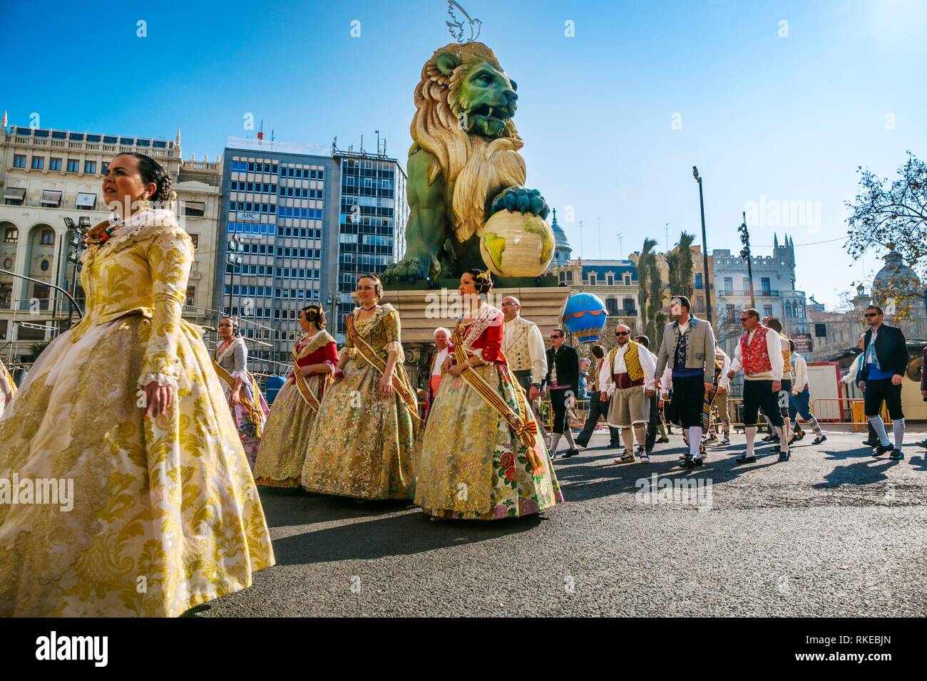 Fallas festival. Parade. Falleras, women in traditional dress. Valencia. Valencian Community. Spain. Stock Photo