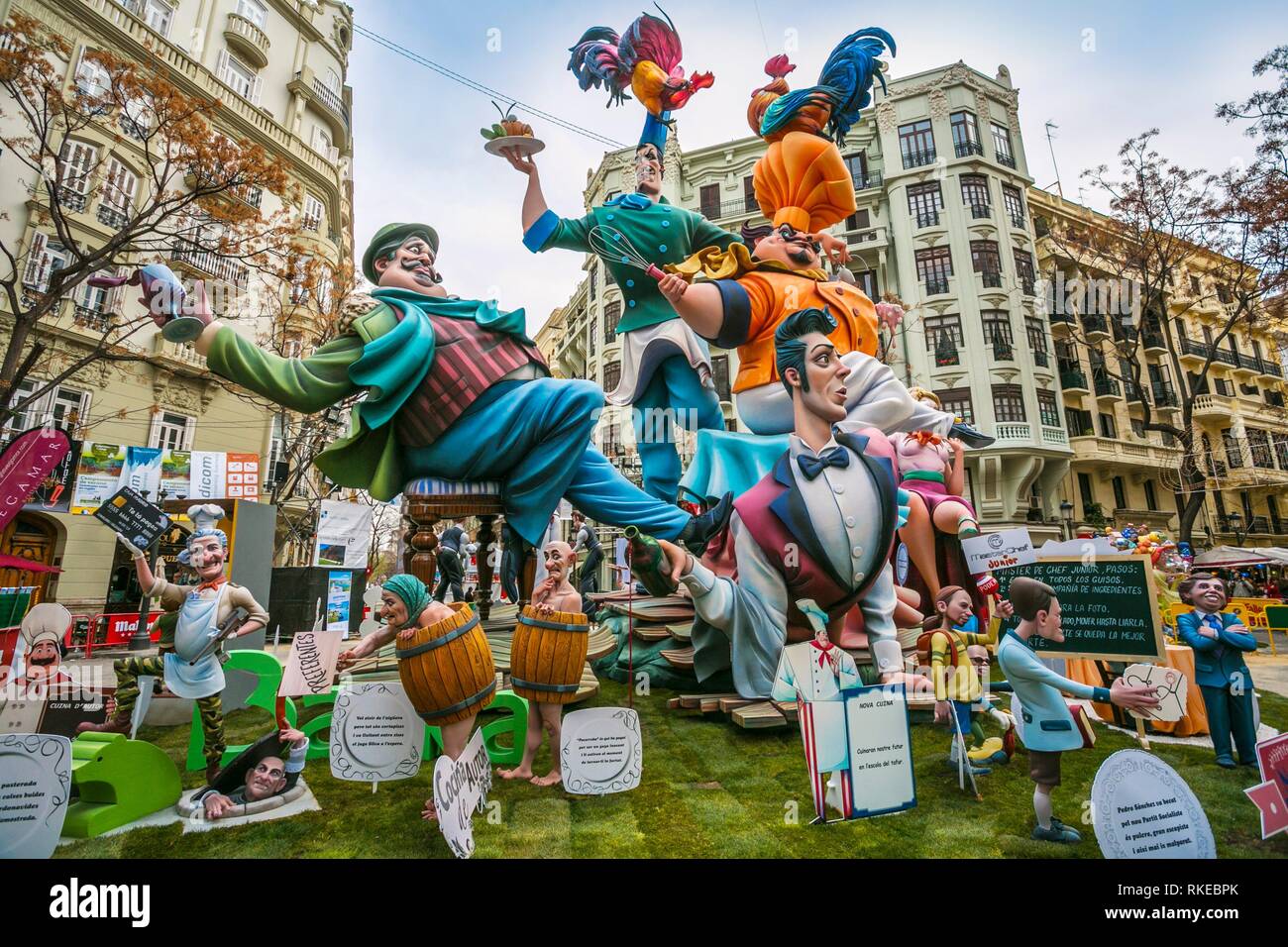 Fallas festival. Falla. Ninots, figures to be burnt during fallas festival. Valencia. Valencian Community. Spain. Stock Photo